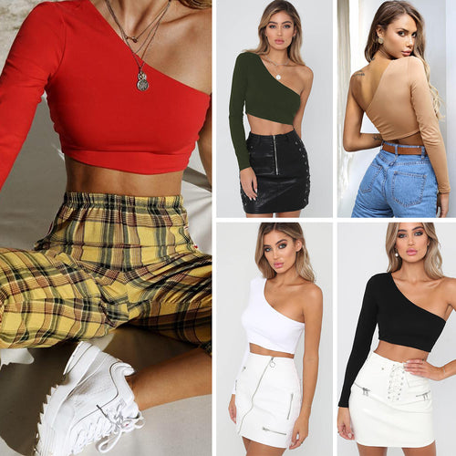 Dame asymmetrisk crop-top med lange ærmer og figursyet snit Stilla