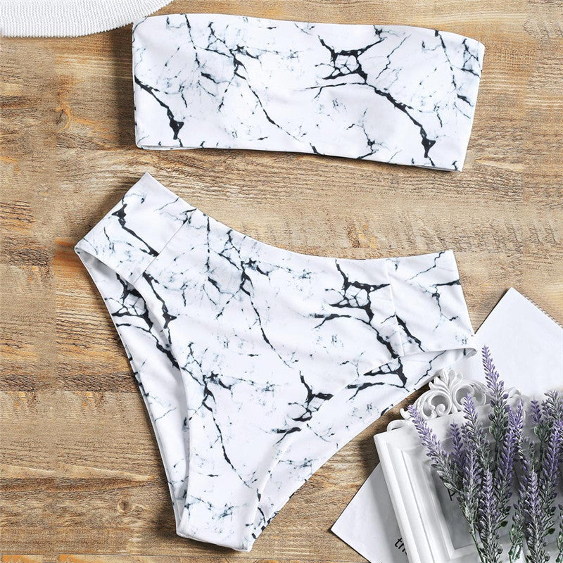 Dame bandeau-bikini med elegant marmor mønster Skovae