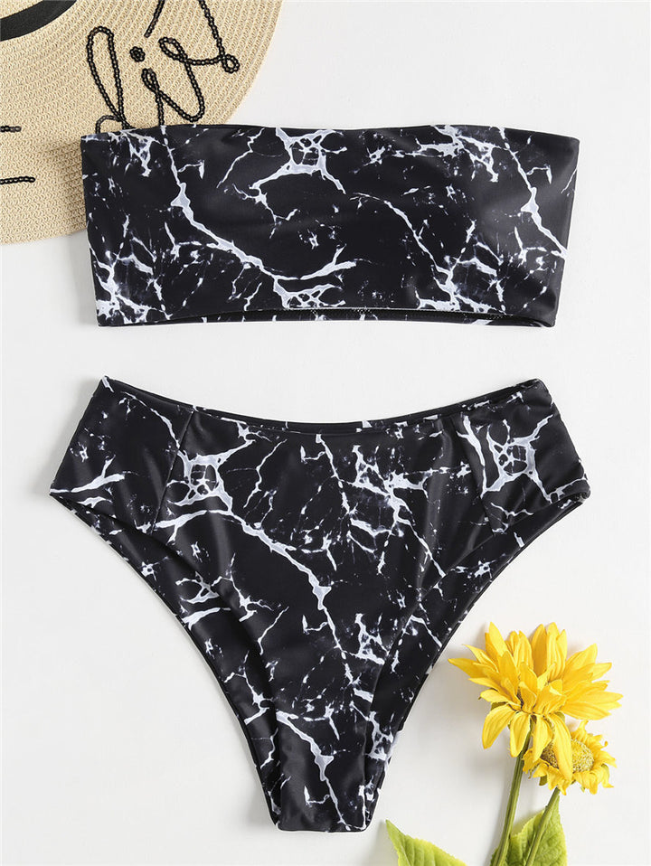 Dame bandeau-bikini med elegant marmor mønster Skovae