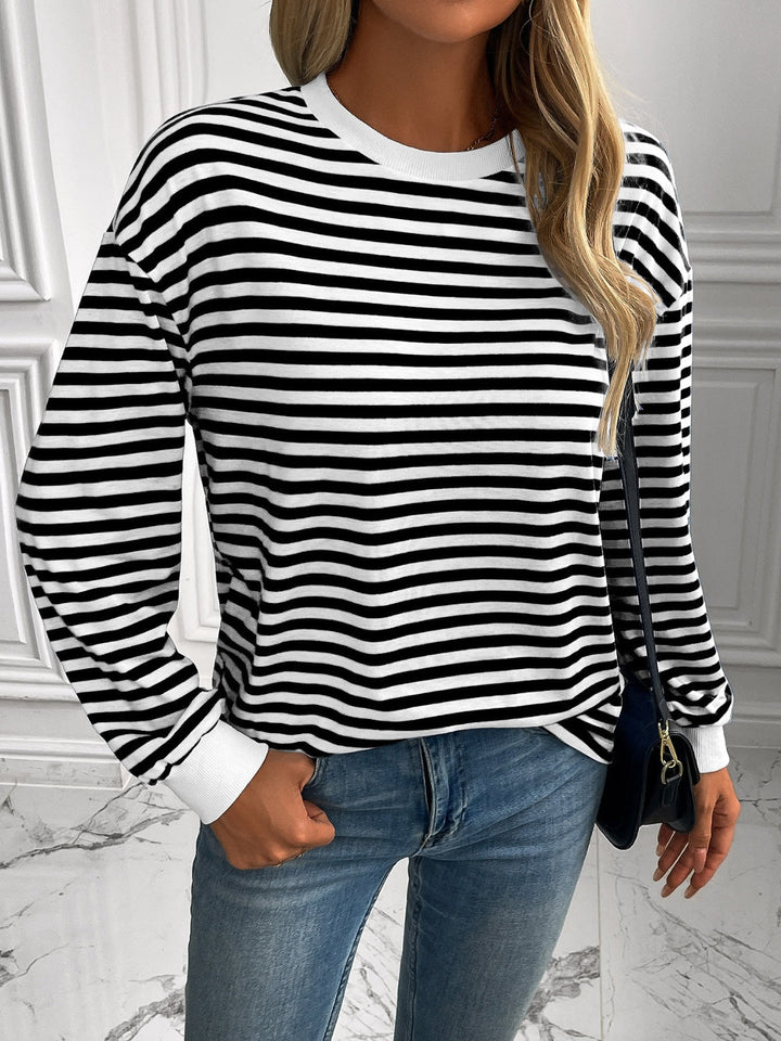 Stilla | Stribet Rundhalset Sweatjacke Med Lange Ærmer