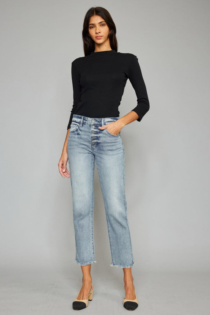 Stilla | Høj Talje Knap Lukning Rå Kant Cropped Straight Jeans
