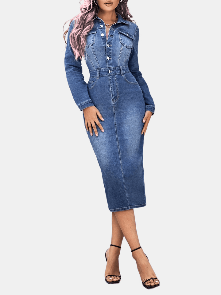 Stilla | Blå Denimkjole Med Lange Ærmer