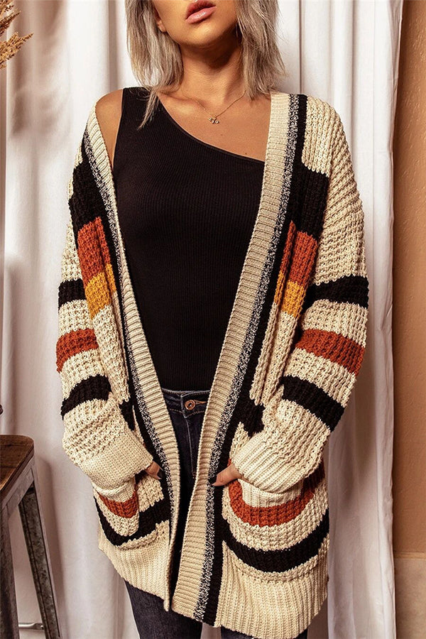 Stilla | Lækker Cardigan Med Lange Ærmer Og V-udskæring, Strikket, Stribet, Trykt, Bred