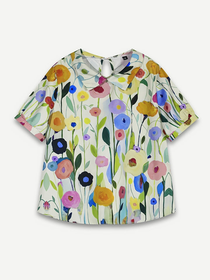 Stilla | Linned Blouse Til Kvinder Med Blomsterdesign Oliemaleri