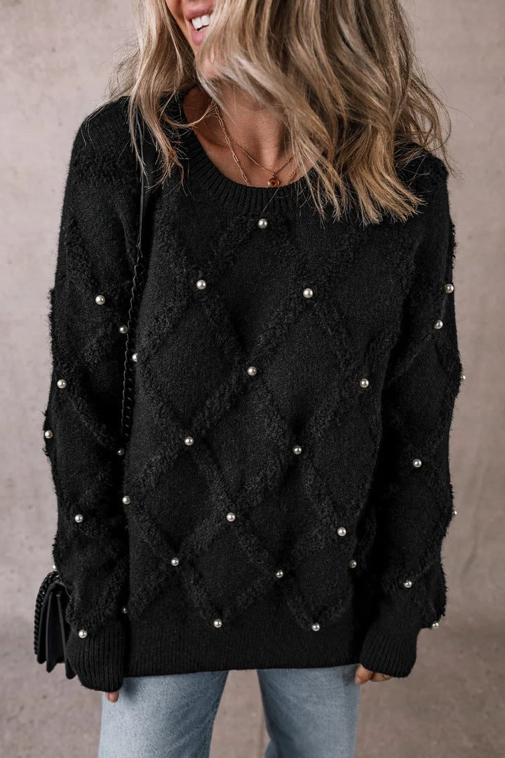 Stilla | Rundhalset Pullover Med Lange Ærmer og Perledetalje
