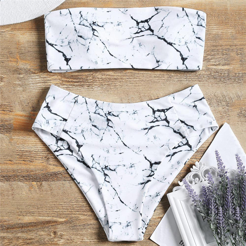 Dame bandeau-bikini med elegant marmor mønster Skovae