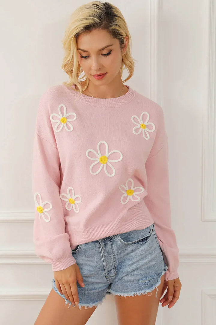 Stilla | Blomstret sweater med runde halsudskæring og overskårne skuldre