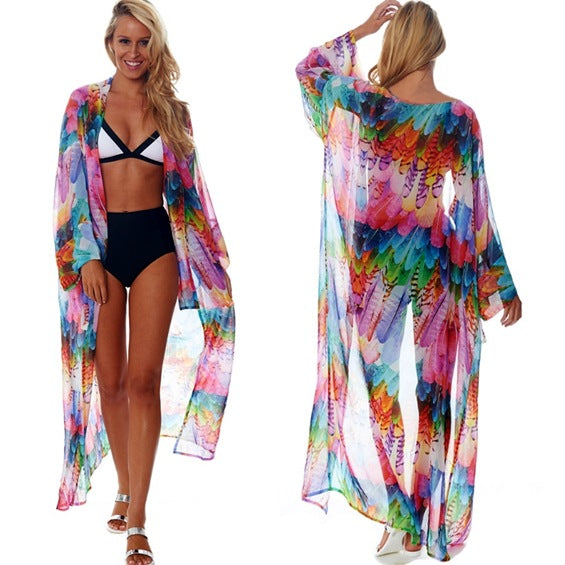Dame strandkimono med farverigt fjerdesign Stilla