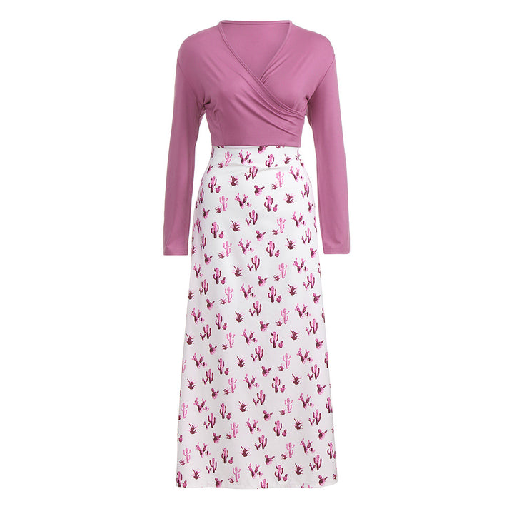 Kvinders omslagskjole med iøjnefaldende kaktusprint og lange ærmer Skovae