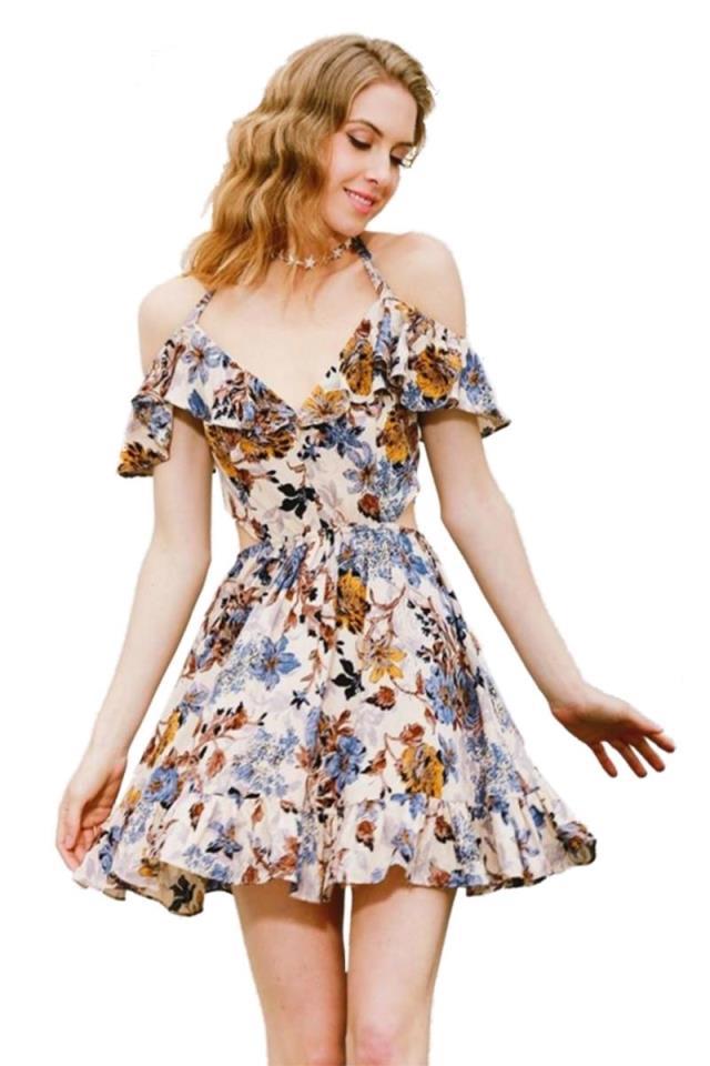 Kvindernes sommer ruffle kjole med blomsterdesign og justerbare spaghetti stropper Stilla
