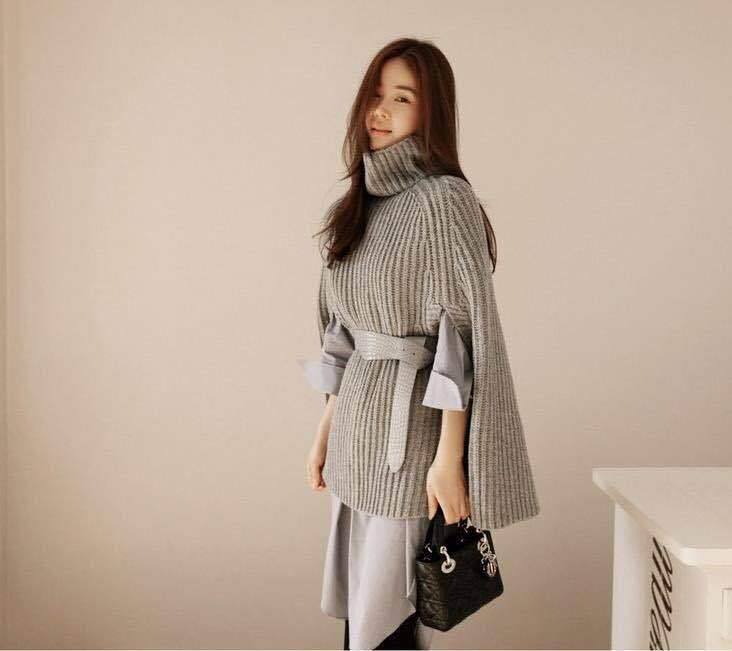 Kvinders mode sweater med turtleneck og bælte Stilla