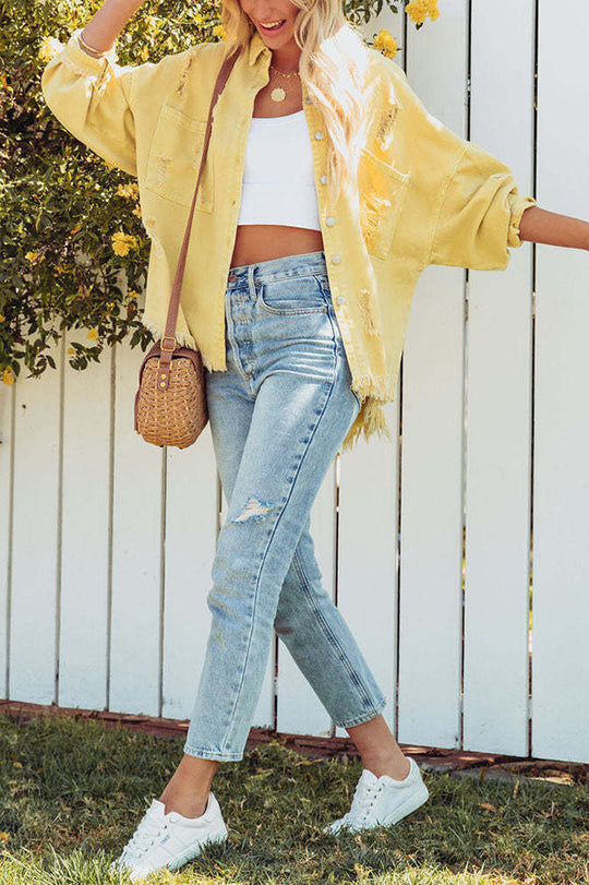 Stilla | Revers Langærmet Ripped Denim Jakke
