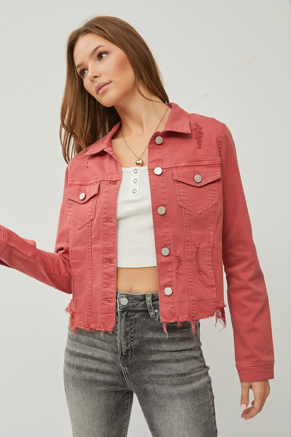 Stilla | Raw Hem Knappet Op Cropped Denim Jakke