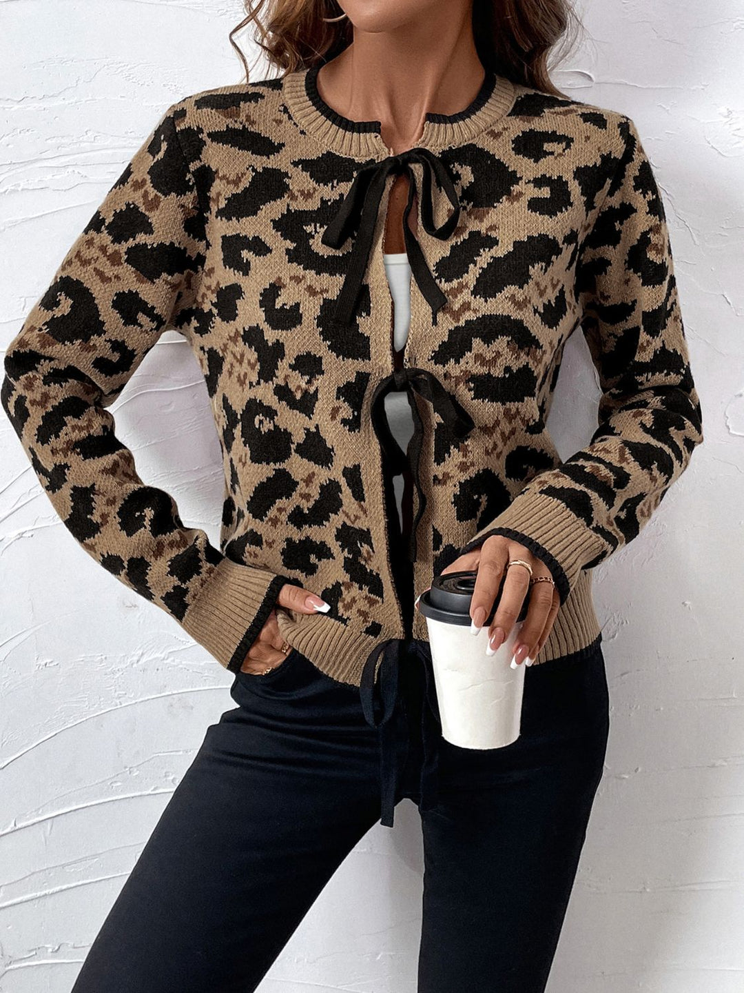 Stilla | Leopard Bandet Lang Ærme Strikjakke Perfee