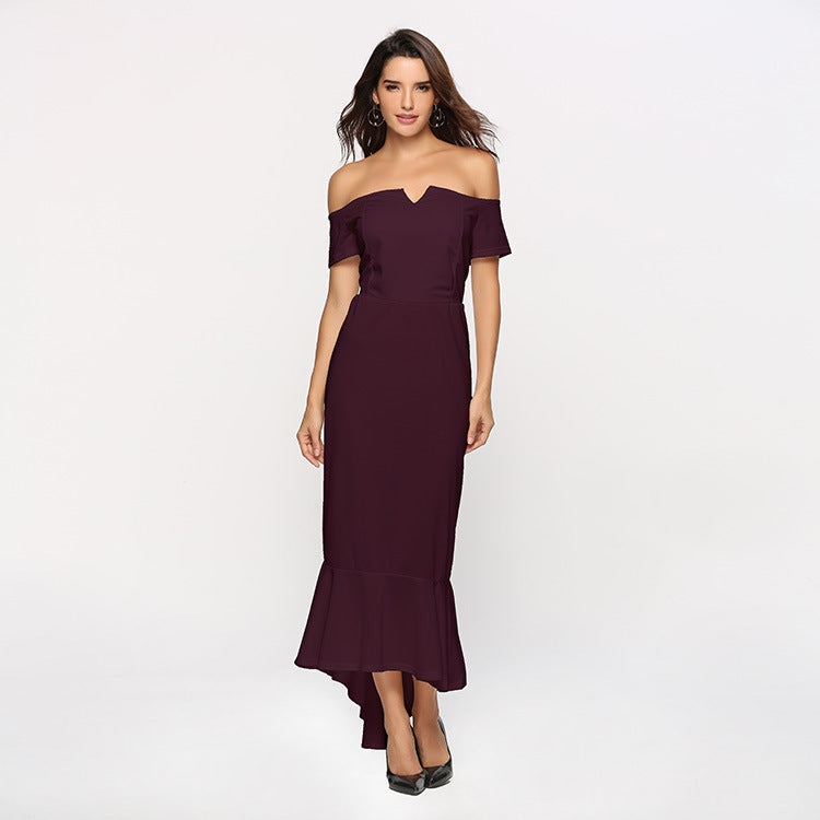 Kvindernes Off-Shoulder Aftenkjole med Elegant V-Hals og Flydende Kant