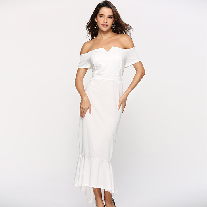 Kvindernes Off-Shoulder Aftenkjole med Elegant V-Hals og Flydende Kant
