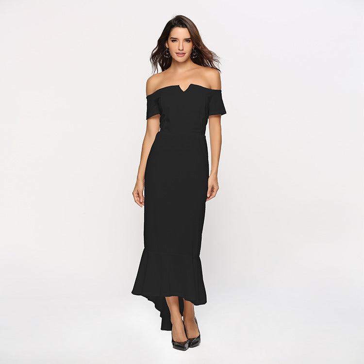 Kvindernes Off-Shoulder Aftenkjole med Elegant V-Hals og Flydende Kant