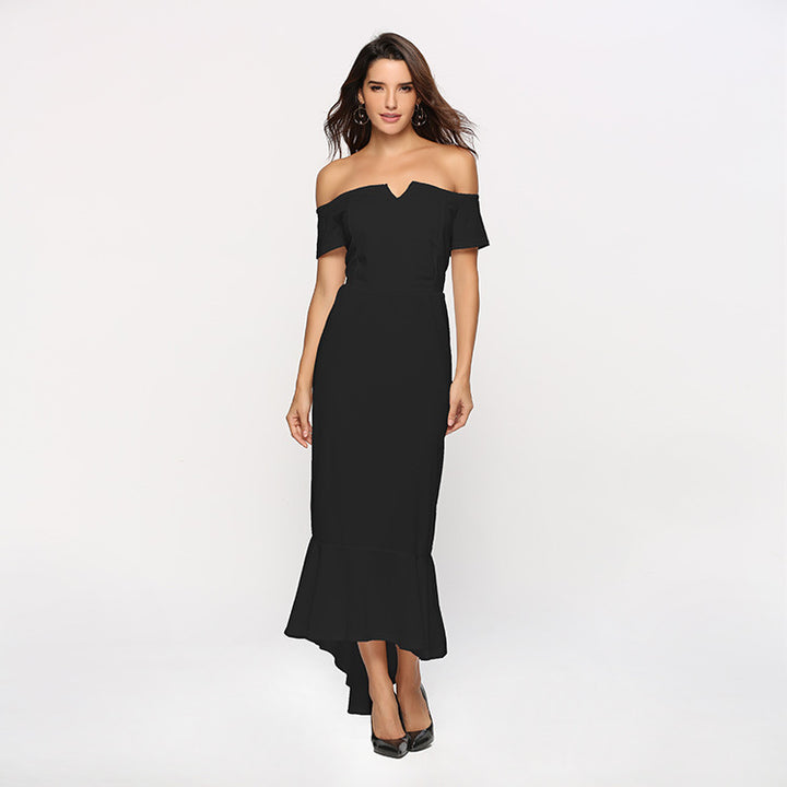 Kvindernes Off-Shoulder Aftenkjole med Elegant V-Hals og Flydende Kant
