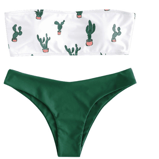 Dame bandeau-bikini med legesygt kaktusmønster Skovae