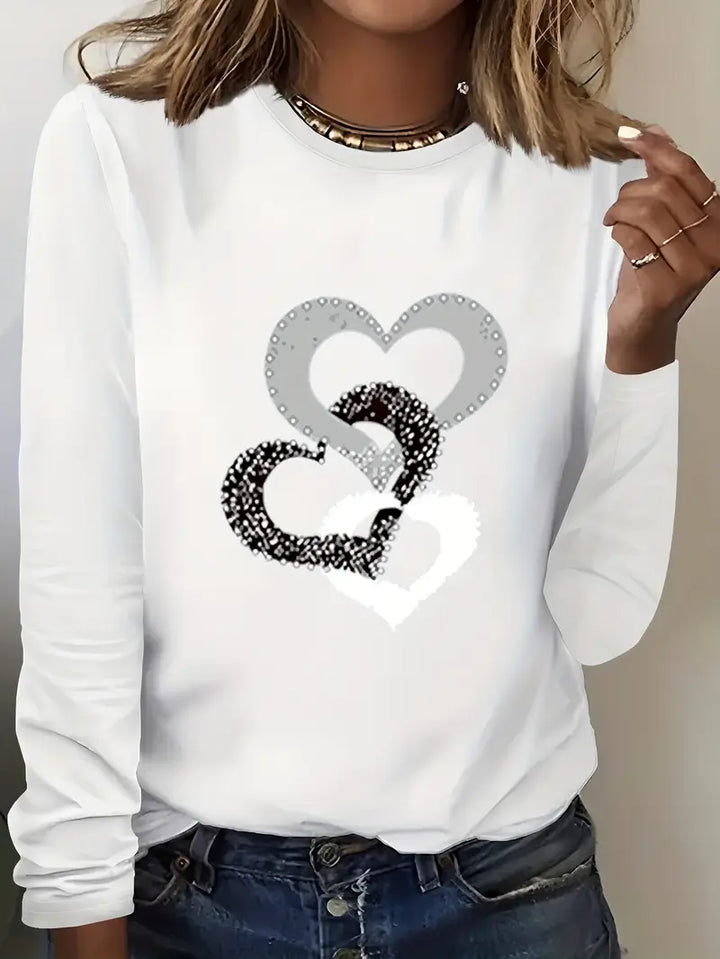 Stilla | T-Shirt Med Hjerteprint Og Lange Ærmer