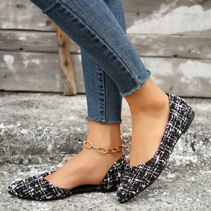 Stilla | Elegant Flad Tå Spids, Udskåret Side Tweed Slip on Sko