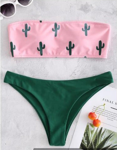 Dame bandeau-bikini med legesygt kaktusmønster Skovae