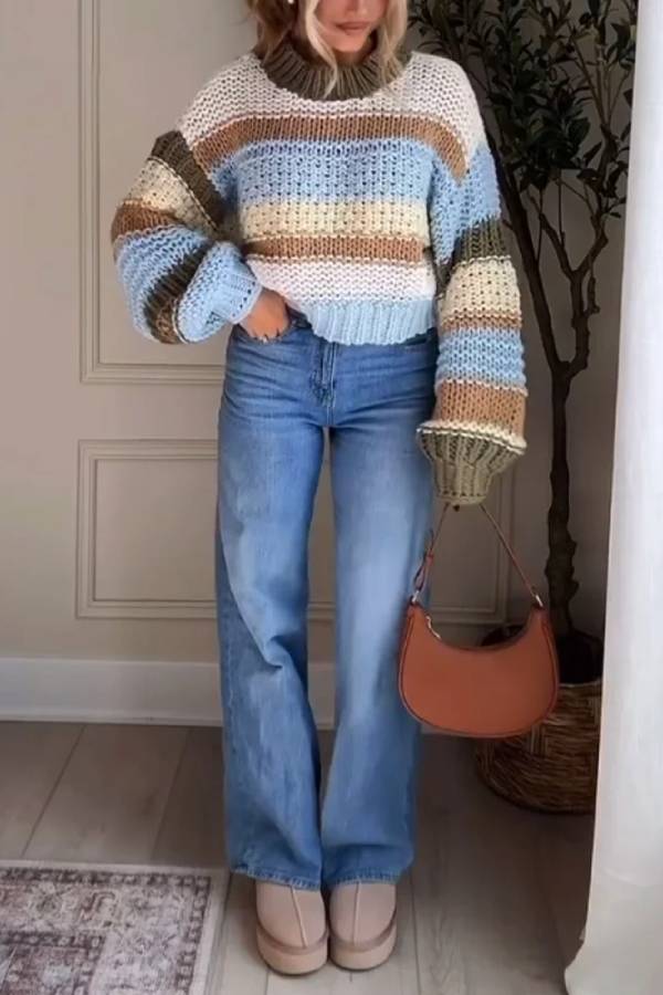 Stilla | Casual og Behagelig Stribet Rundhals Sweater