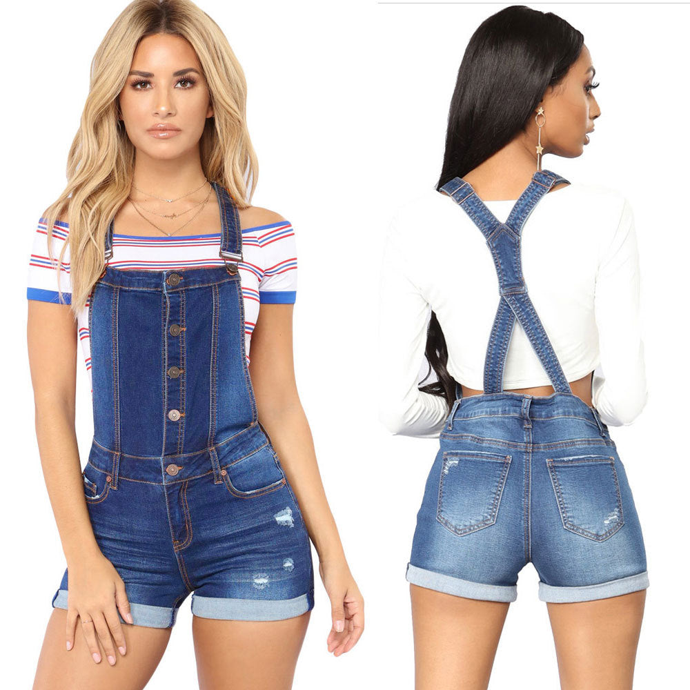 Dame Jeans-suspendershorts med stilfulde ødelagte detaljer og justerbare stropper Stilla