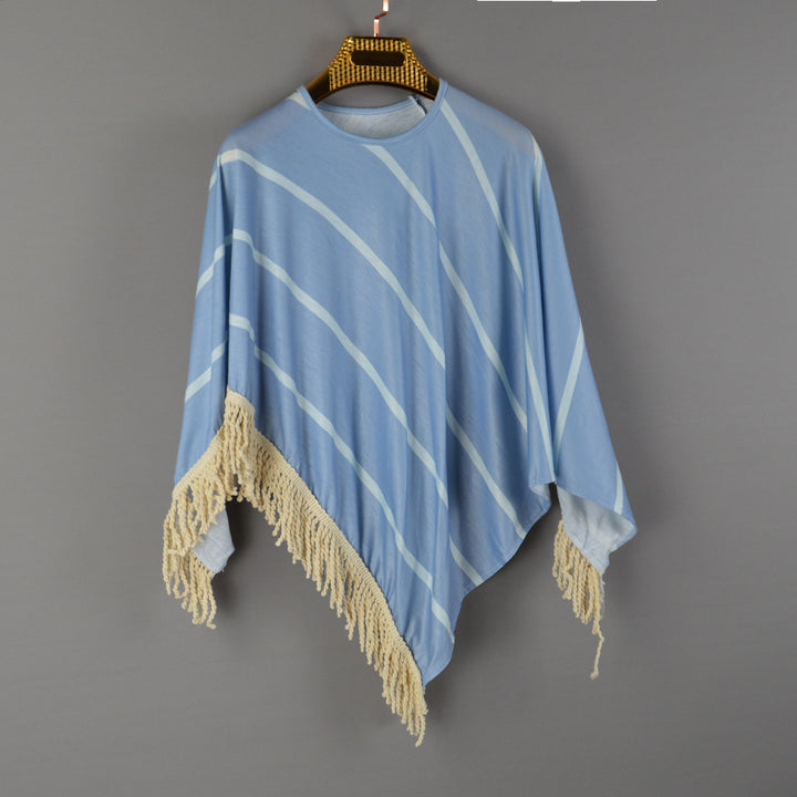 Kvinders strand poncho med frynset kant og stribet design