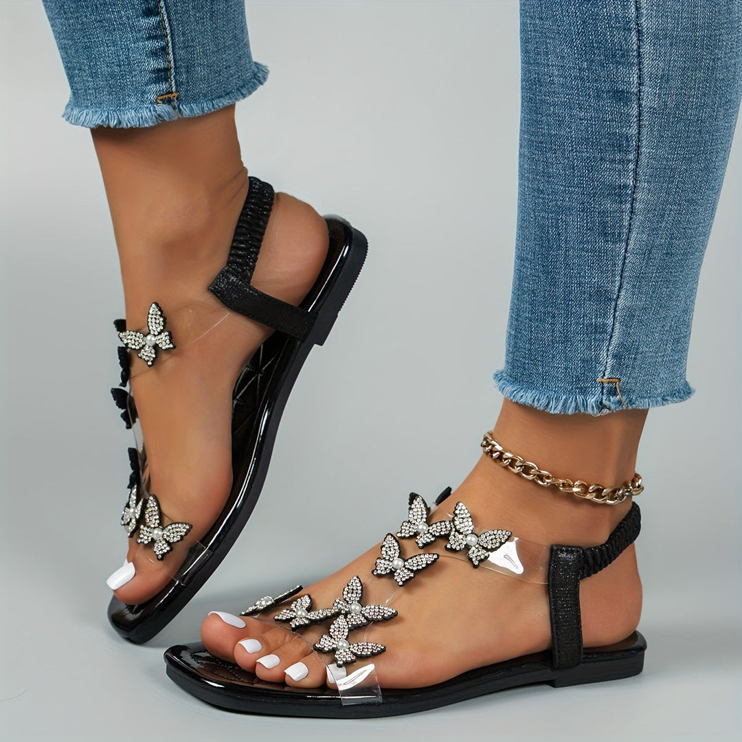 Stilla | Flade Sandaler Med Sommerfugle Af Rhinestones Til Kvinder, Lette Til Sommer