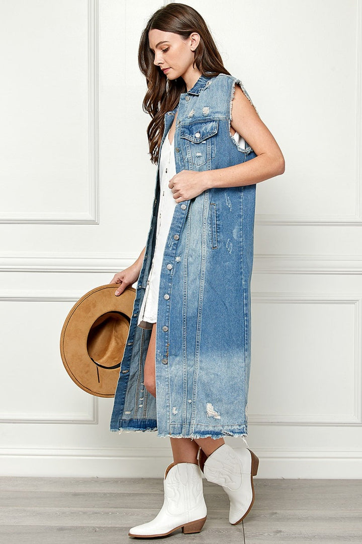 Stilla | Full Size Distressed Uden Ærmer Longline Denim Jakke