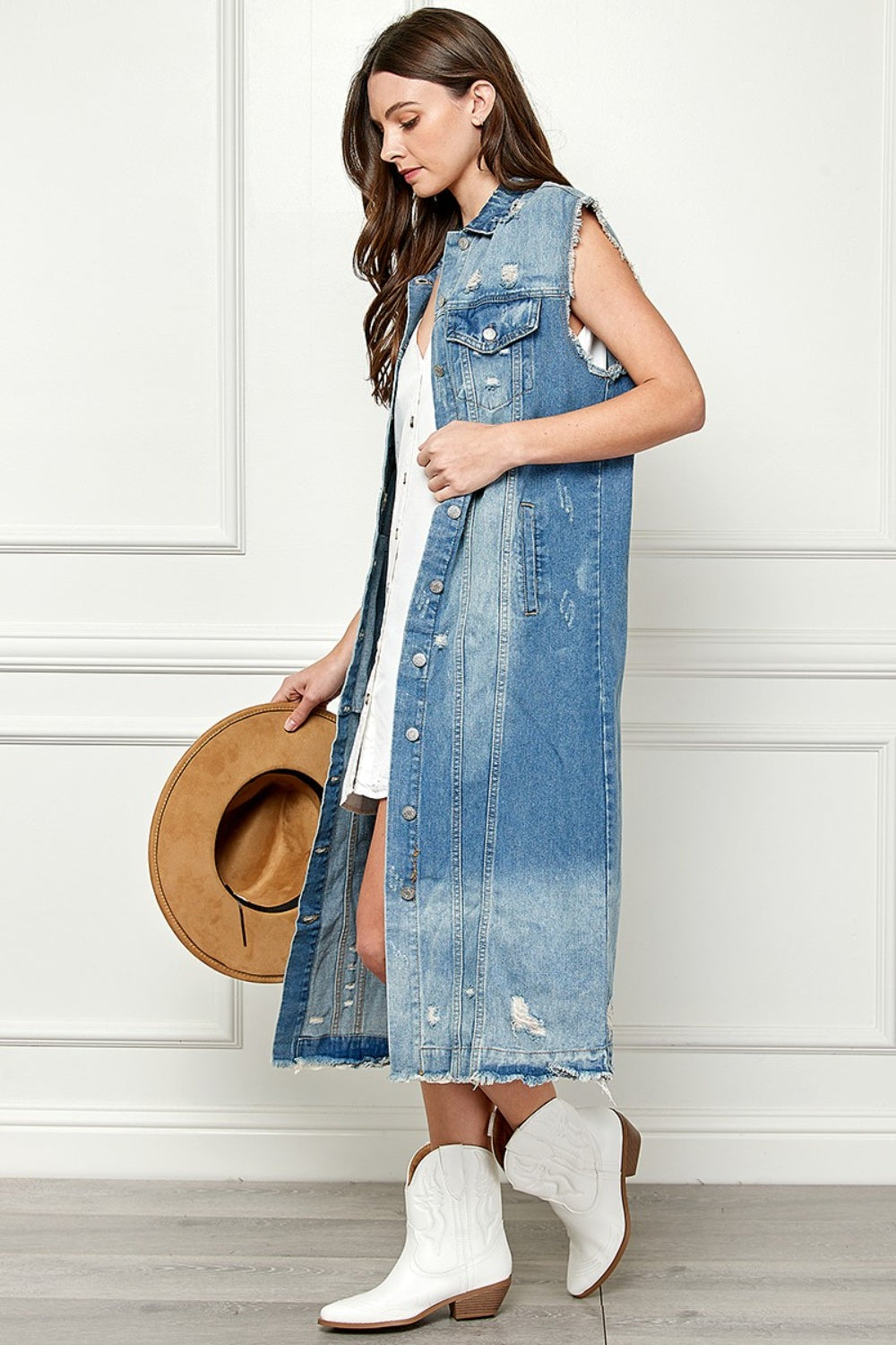 Stilla | Full Size Distressed Without Sleeves Longline Denim Jacket