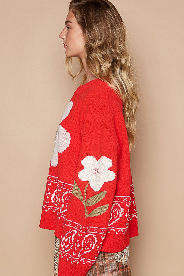 Stilla | Pullover med lange ærmer pol med spids patch blomst