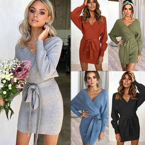 Dame Vaffelstrikkjole med fashionable lange ærmer og taljebælte Stilla