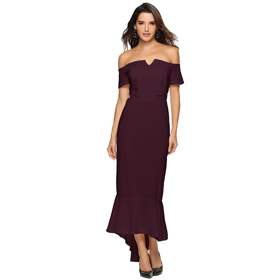 Kvindernes Off-Shoulder Aftenkjole med Elegant V-Hals og Flydende Kant