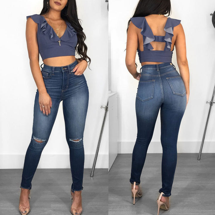 Dame Højhævede Jeans med afslappet snit og stilfulde revner Stilla