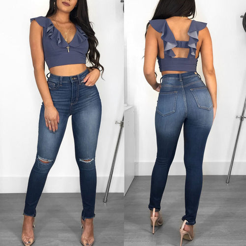 Dame Højhævede Jeans med afslappet snit og stilfulde revner Stilla
