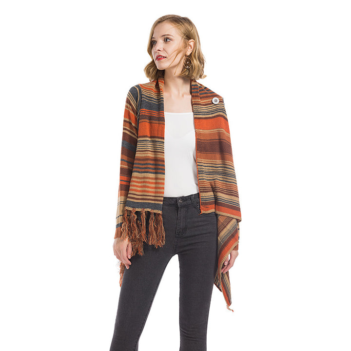 Damer fashionable poncho med frynser og geometrisk mønster Stilla