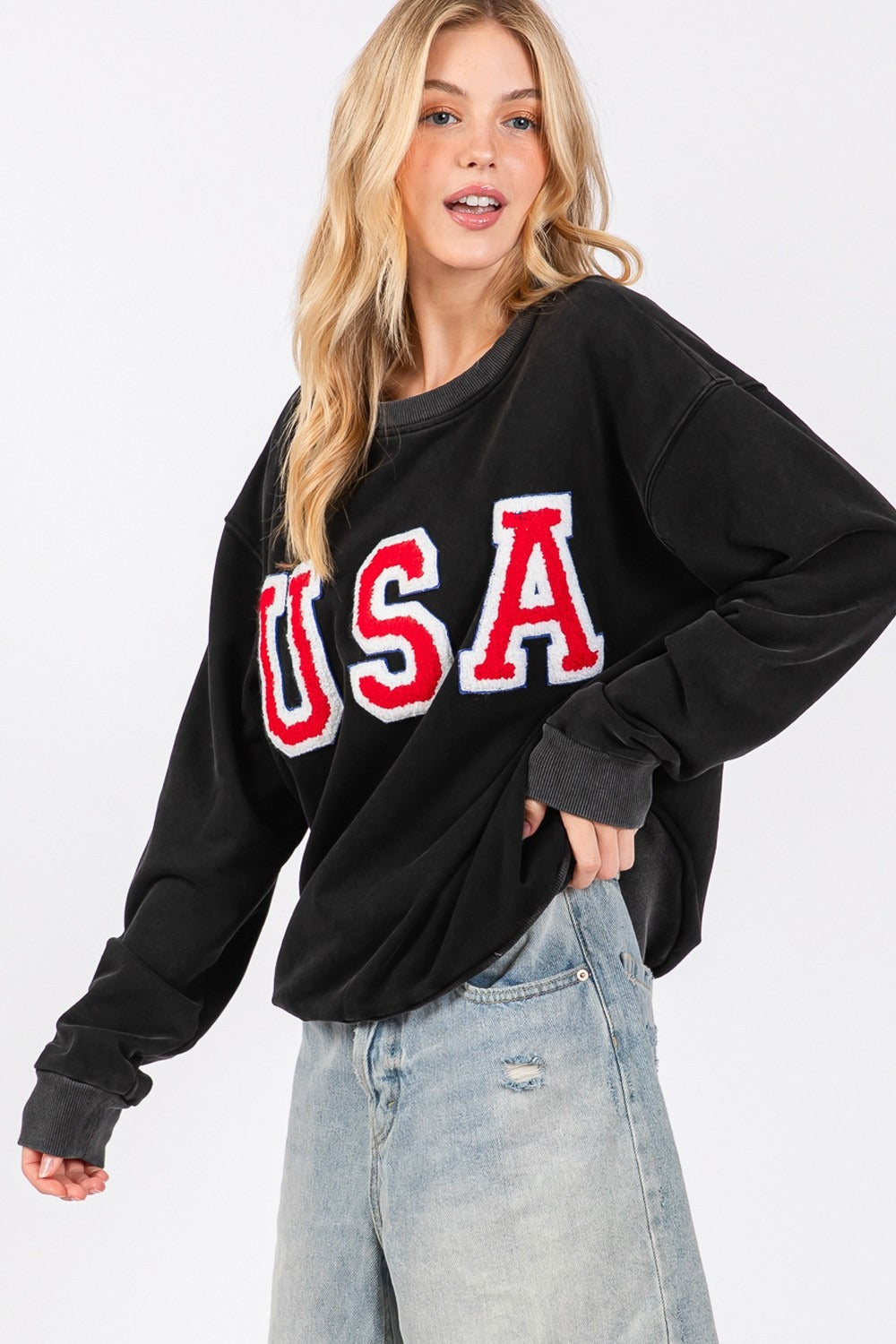 Stilla | Sweatjakke Med Rund Hals Udsnit Sage Med Bogstav Patch Usa
