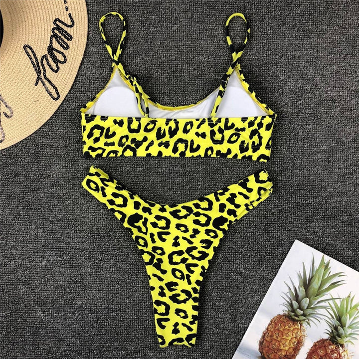 Dame dyremønster-bikini-sæt med høj udskæring og justerbare stropper Stilla