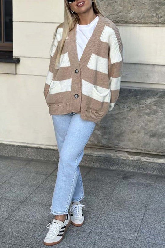 Stilla | Stribet Casual Cardigan Med Lange Ærmer, Lommer Og V-udskæring