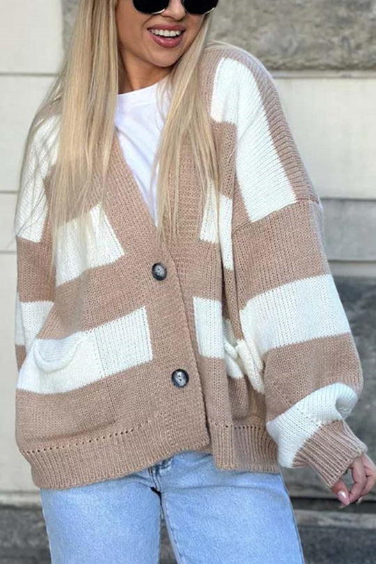 Stilla | Stribet Casual Cardigan Med Lange Ærmer, Lommer Og V-udskæring