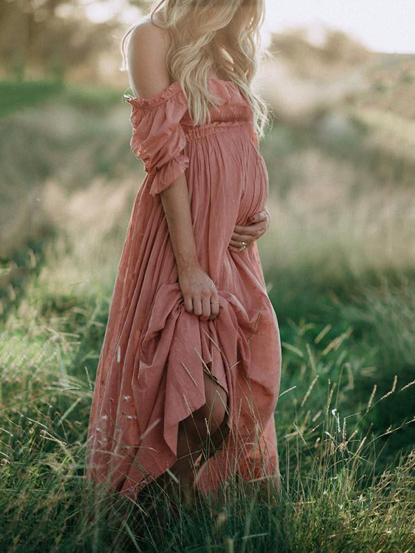 Stilla | Maxi Kjole Volanger Åbne Skuldre Bådformet Udhulning Chic Mode Kjole Til Graviditetsfotografi