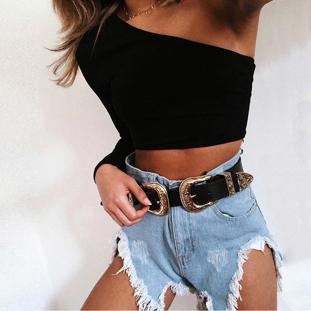 Dame asymmetrisk crop-top med lange ærmer og figursyet snit Stilla