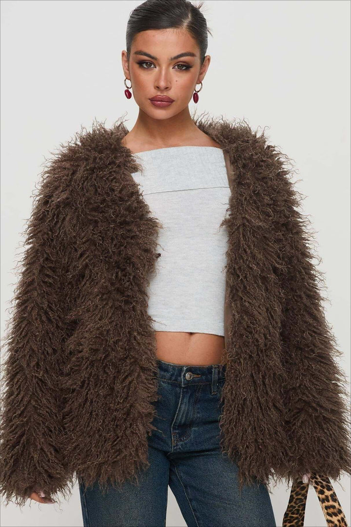 Stilla | Fluffy Brown Faux Fur Oversized Jakke