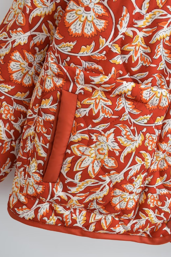 Stilla | Hals Floral Print Løs Vatteret Bomuldsjakke
