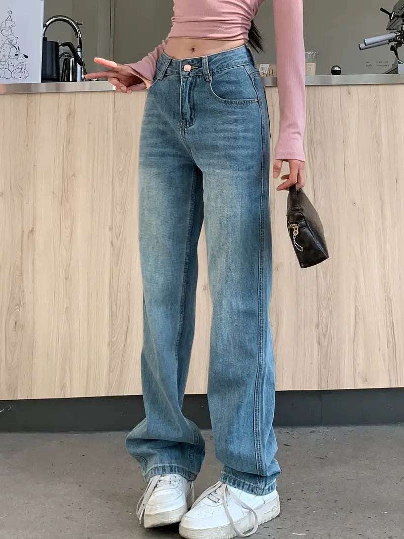 Stilla | Høj Talje Jeans Med Brede Ben Klassisk, Vaskede Denim En Løs Pasform