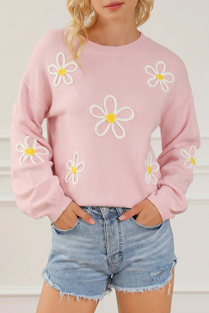 Stilla | Blomstret sweater med runde halsudskæring og overskårne skuldre