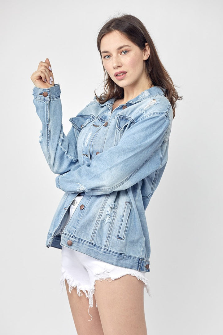 Stilla | Full Size Distressed Langærmet Denim Jakke