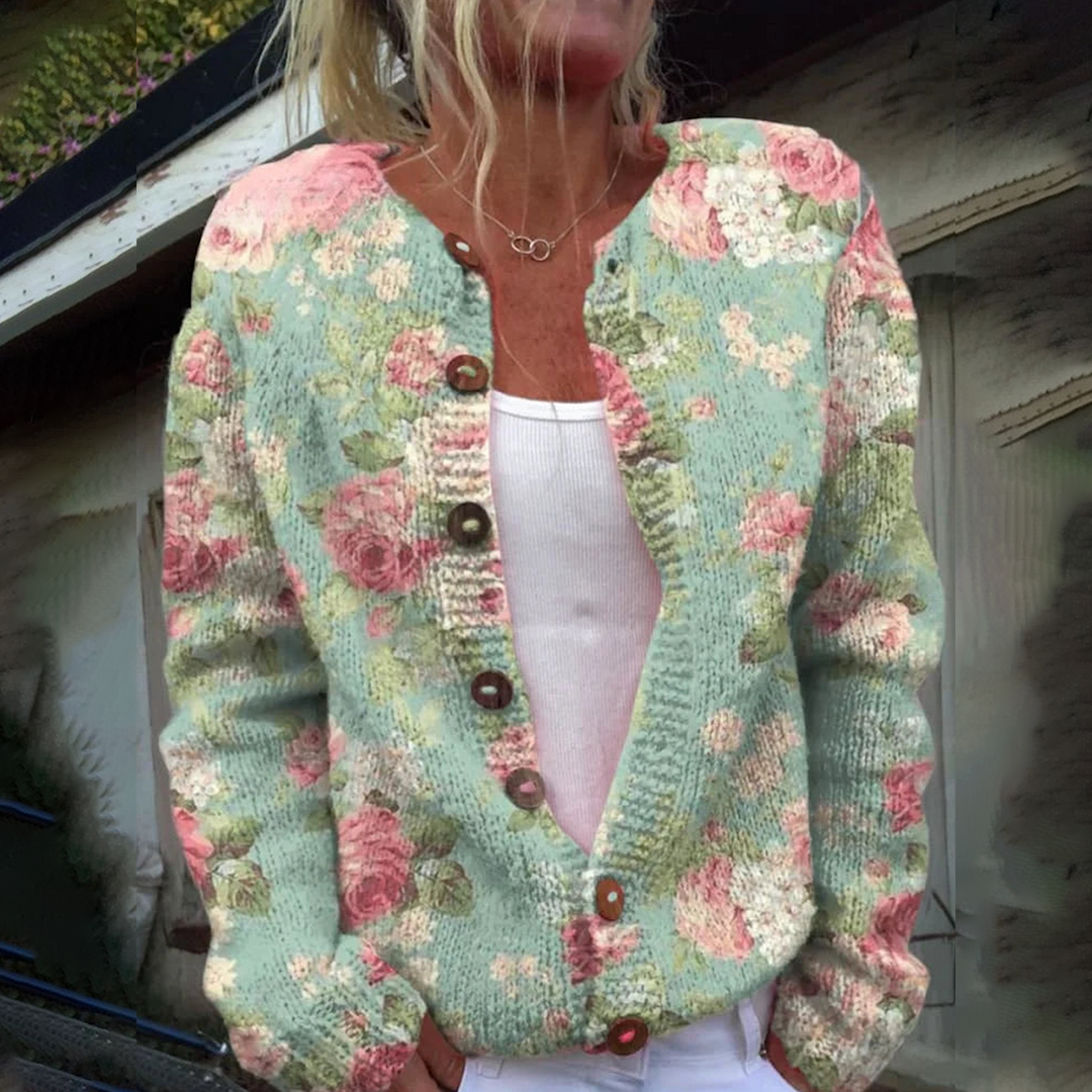 Stilla | Elegant Cardigan Uden Krave, Lange Ærmer, Blomstret Mønster